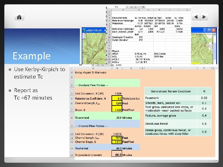 Example l Use Kerby-Kirpich to estimate Tc l Report as Tc =67 minutes Example l Use Kerby-Kirpich to estimate Tc l Report as Tc =67 minutes