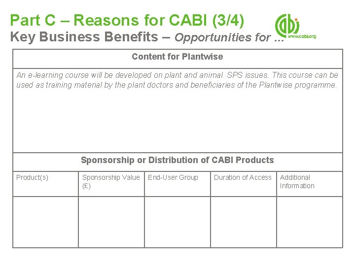 Part C – Reasons for CABI (3/4) Key Business Benefits – Opportunities for … Part C – Reasons for CABI (3/4) Key Business Benefits – Opportunities for …