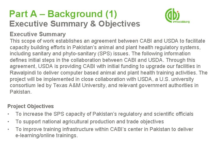 Part A – Background (1) Executive Summary & Objectives Executive Summary This scope of Part A – Background (1) Executive Summary & Objectives Executive Summary This scope of
