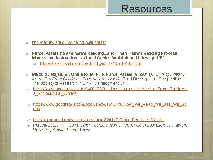 Resources http: //faculty. educ. ubc. ca/vpurcell-gates/ Purcell-Gates. (1997)There's Reading. . . and Then There's