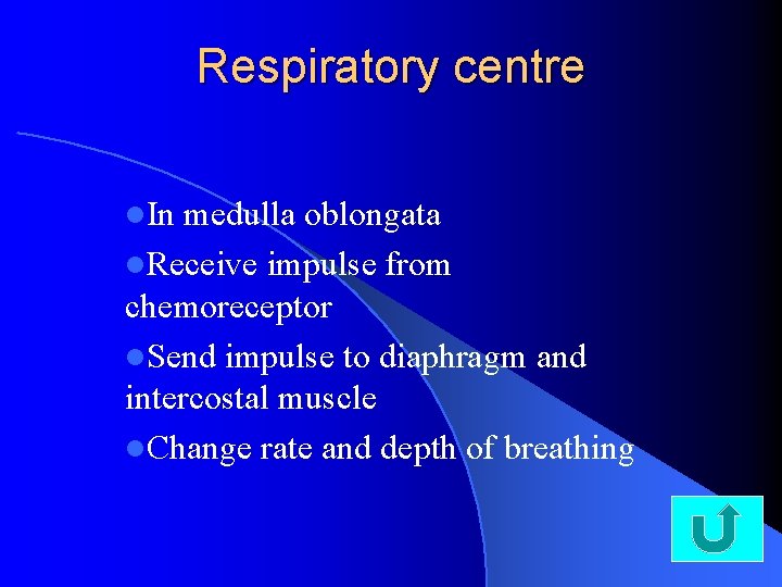 Respiratory centre l. In medulla oblongata l. Receive impulse from chemoreceptor l. Send impulse