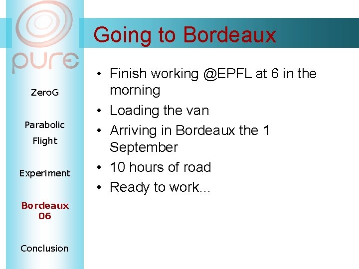 Going to Bordeaux Zero. G Parabolic Flight Experiment Bordeaux 06 Conclusion • Finish working