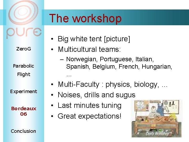 The workshop Zero. G • Big white tent [picture] • Multicultural teams: – Norwegian,