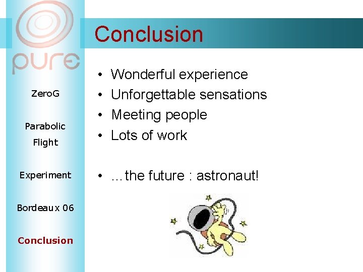 Conclusion Zero. G Parabolic Flight Experiment Bordeaux 06 Conclusion • • Wonderful experience Unforgettable