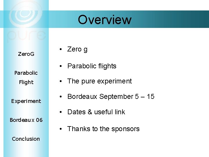 Overview Zero. G Parabolic Flight Experiment • Zero g • Parabolic flights • The