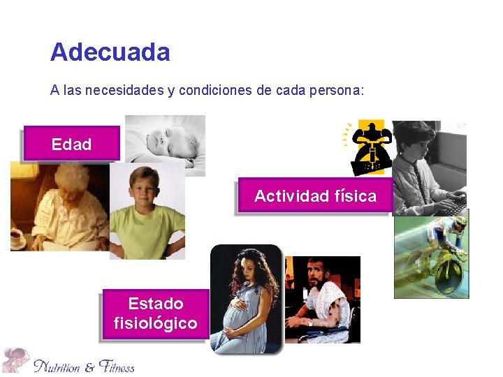 Adecuada A las necesidades y condiciones de cada persona: Edad Actividad física Estado fisiológico