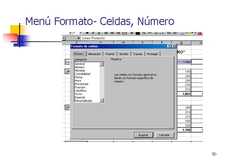 Menú Formato- Celdas, Número 50 