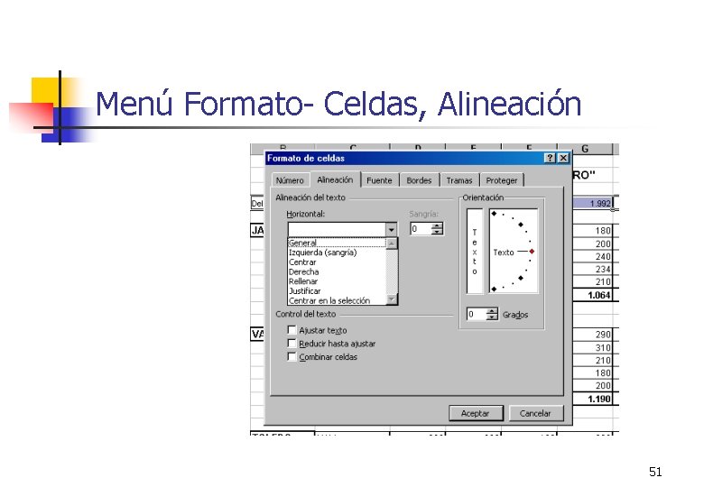 Menú Formato- Celdas, Alineación 51 