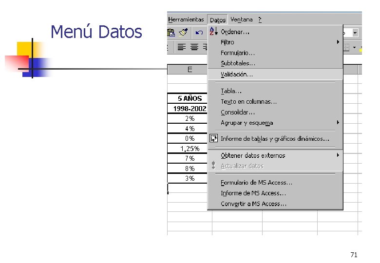 Menú Datos 71 