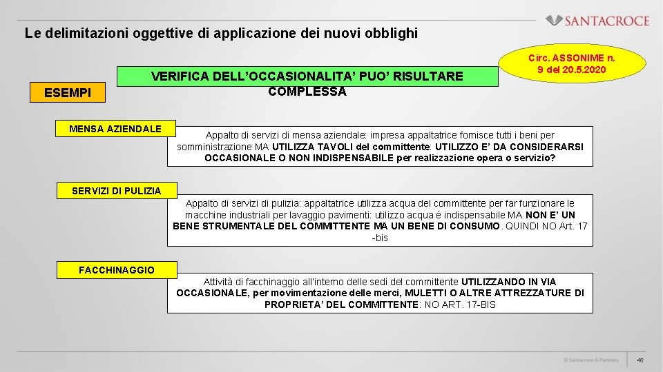 Le delimitazioni oggettive di applicazione dei nuovi obblighi ESEMPI VERIFICA DELL’OCCASIONALITA’ PUO’ RISULTARE COMPLESSA