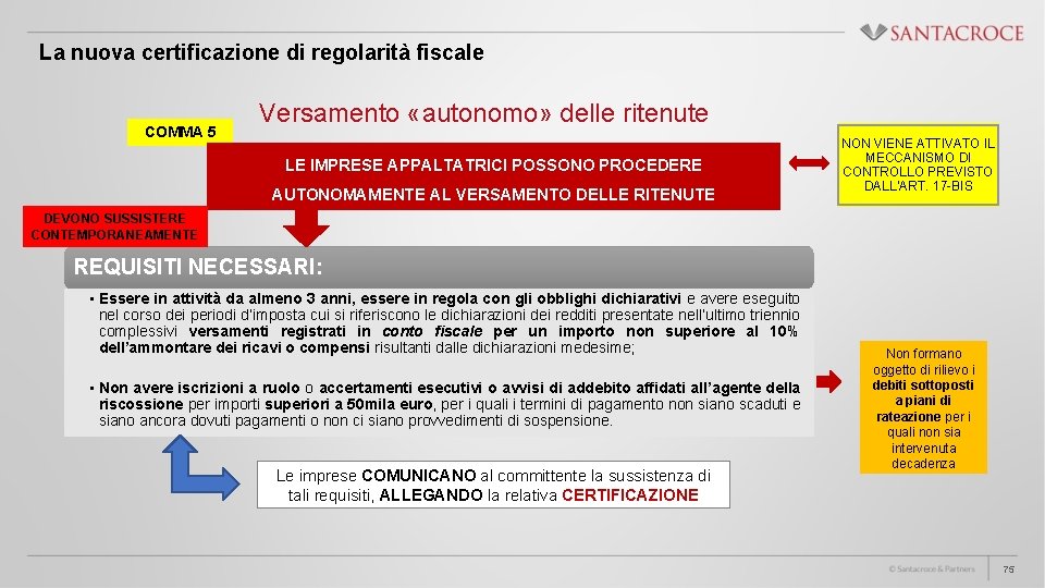 La nuova certificazione di regolarità fiscale COMMA 5 Versamento «autonomo» delle ritenute LE IMPRESE