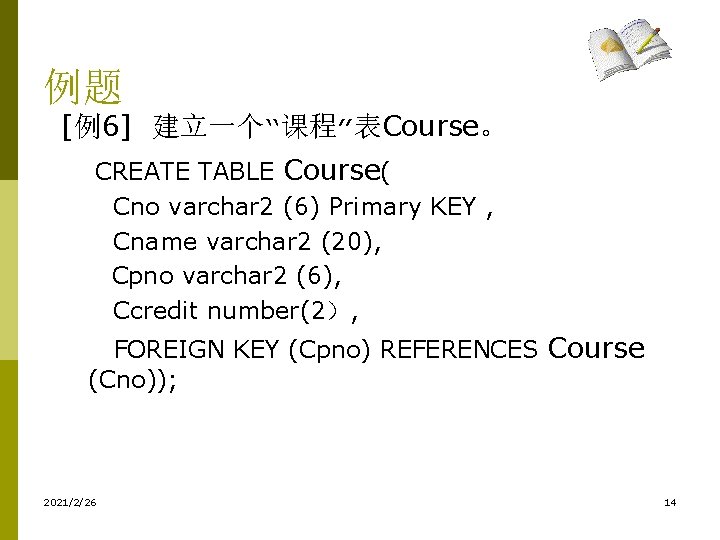 例题 [例6] 建立一个“课程”表Course。 CREATE TABLE Course( Cno varchar 2 (6) Primary KEY , Cname