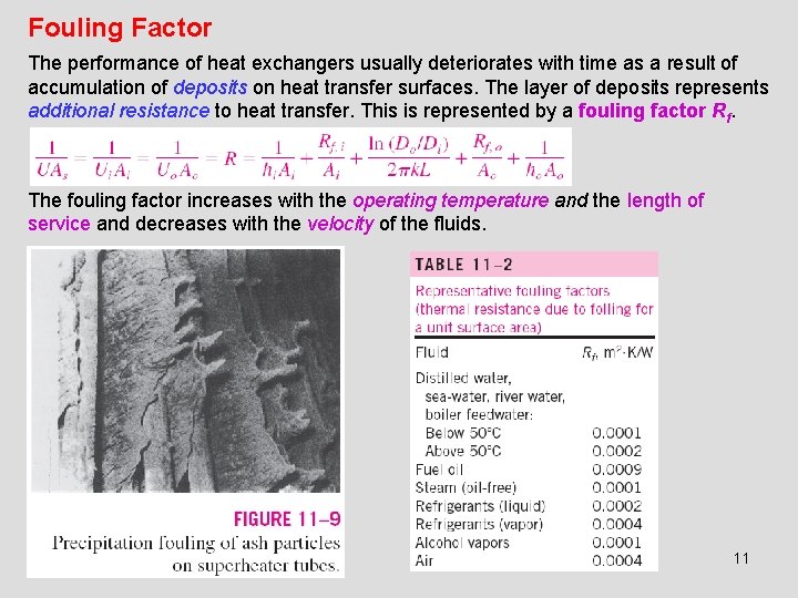 Fouling Factor The performance of heat exchangers usually deteriorates with time as a result