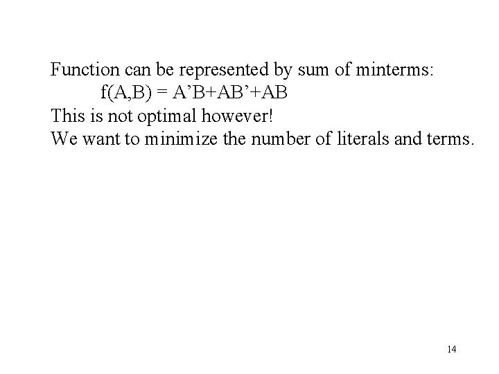 Function can be represented by sum of minterms: f(A, B) = A’B+AB’+AB This is Function can be represented by sum of minterms: f(A, B) = A’B+AB’+AB This is