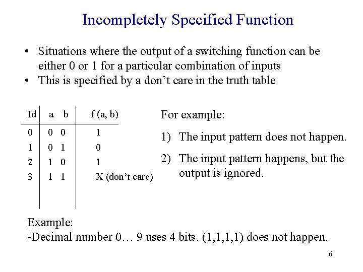 Incompletely Specified Function • Situations where the output of a switching function can be Incompletely Specified Function • Situations where the output of a switching function can be