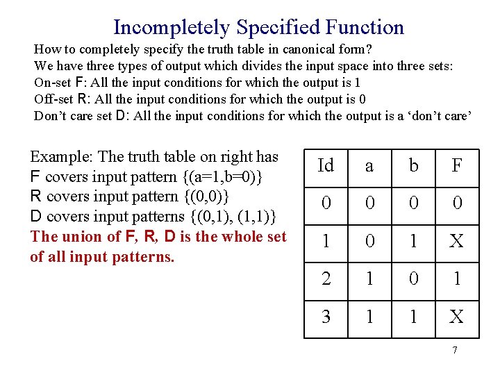 Incompletely Specified Function How to completely specify the truth table in canonical form? We Incompletely Specified Function How to completely specify the truth table in canonical form? We
