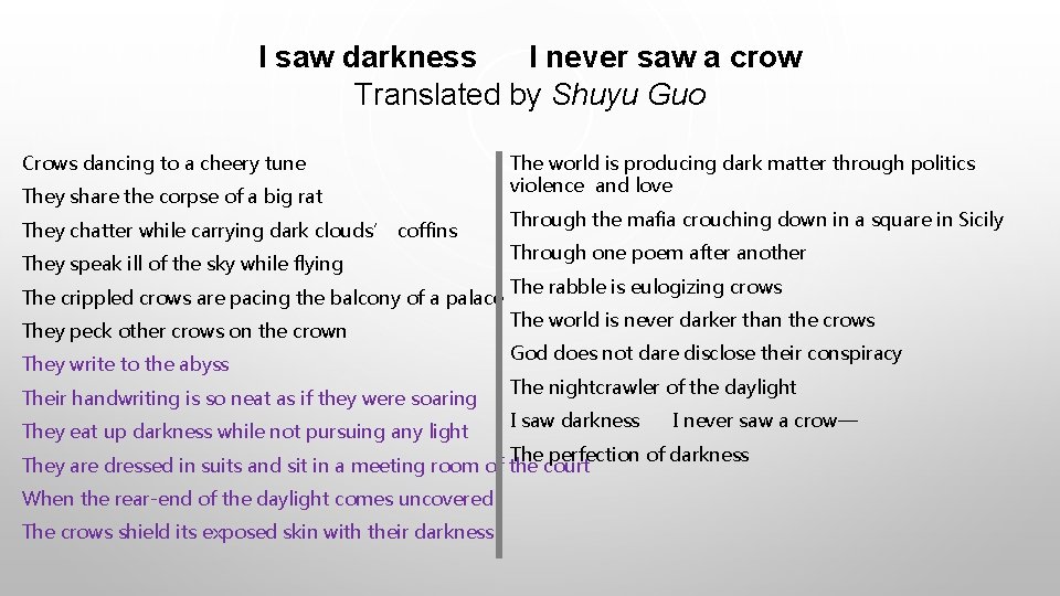 I saw darkness I never saw a crow Translated by Shuyu Guo Crows dancing I saw darkness I never saw a crow Translated by Shuyu Guo Crows dancing