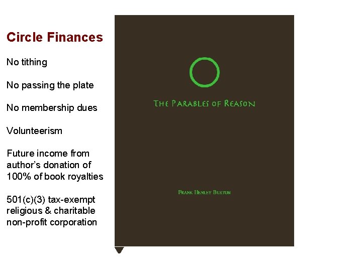 Circle Finances No tithing No passing the plate No membership dues Volunteerism Future income