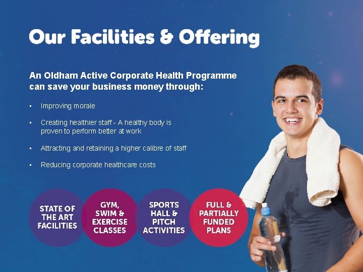 An Oldham Active Corporate Health Programme can save your business money through: • Improving