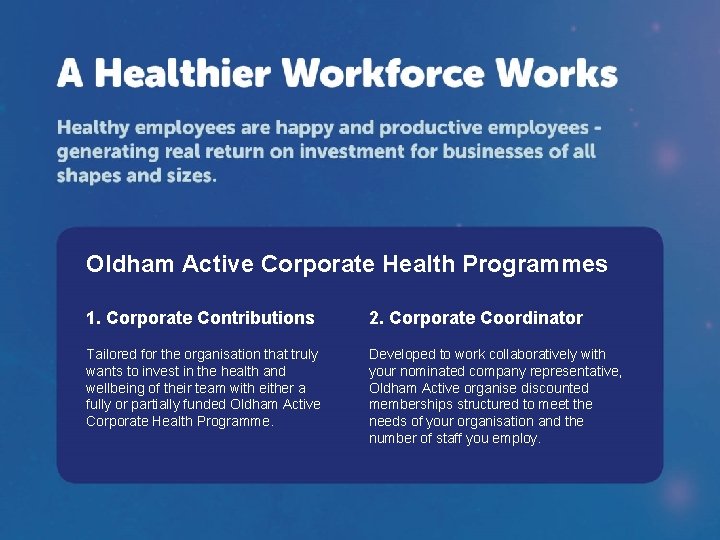 Oldham Active Corporate Health Programmes 1. Corporate Contributions 2. Corporate Coordinator Tailored for the