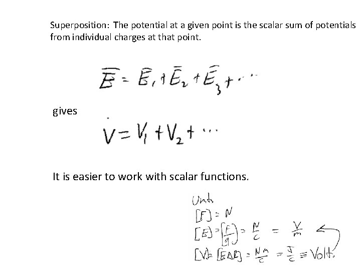 Superposition: The potential at a given point is the scalar sum of potentials from