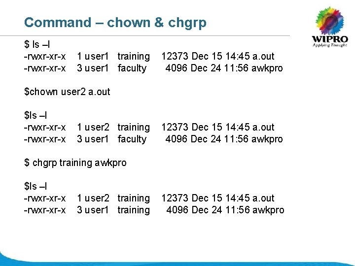 Command – chown & chgrp $ ls –l -rwxr-xr-x 1 user 1 training 3