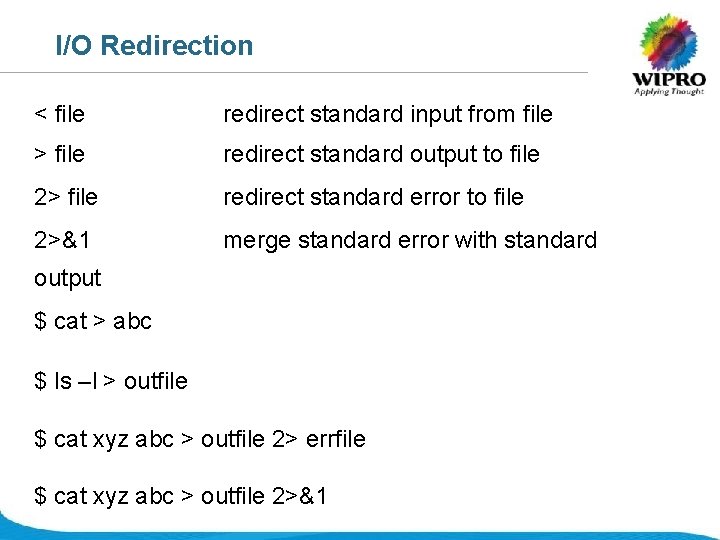 I/O Redirection < file redirect standard input from file > file redirect standard output