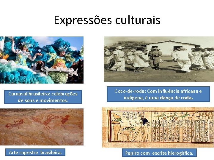 Expressões culturais Carnaval brasileiro: celebrações de sons e movimentos. Arte rupestre brasileira. Coco-de-roda: Com