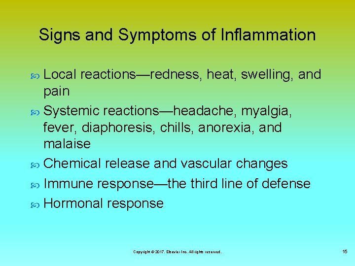 Signs and Symptoms of Inflammation Local reactions—redness, heat, swelling, and pain Systemic reactions—headache, myalgia,
