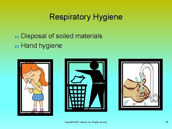 Respiratory Hygiene Disposal of soiled materials Hand hygiene Copyright © 2017, Elsevier Inc. All