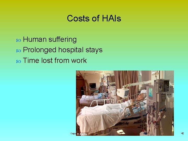 Costs of HAIs Human suffering Prolonged hospital stays Time lost from work Copyright ©