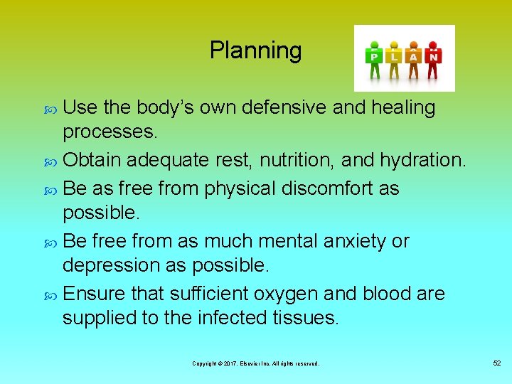 Planning Use the body’s own defensive and healing processes. Obtain adequate rest, nutrition, and