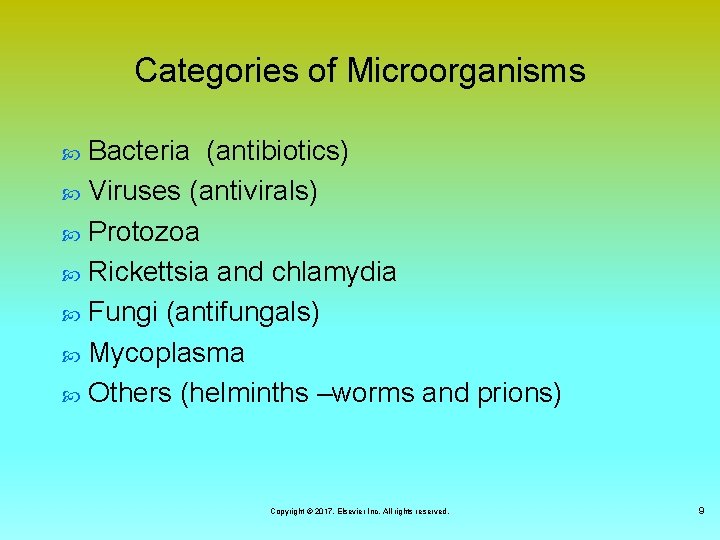 Categories of Microorganisms Bacteria (antibiotics) Viruses (antivirals) Protozoa Rickettsia and chlamydia Fungi (antifungals) Mycoplasma