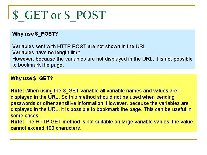 $_GET or $_POST Why use $_POST? Variables sent with HTTP POST are not shown