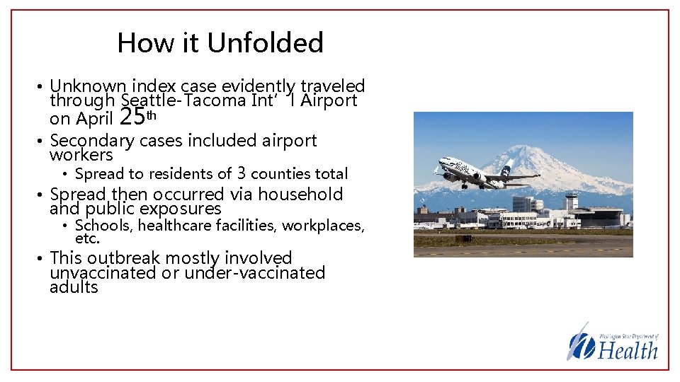 How it Unfolded • Unknown index case evidently traveled through Seattle-Tacoma Int’l Airport on