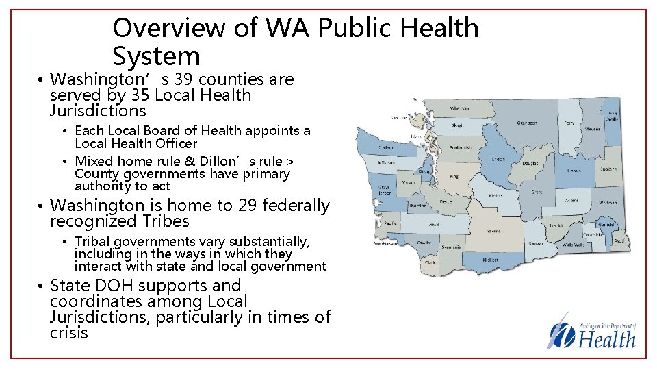 Overview of WA Public Health System • Washington’s 39 counties are served by 35