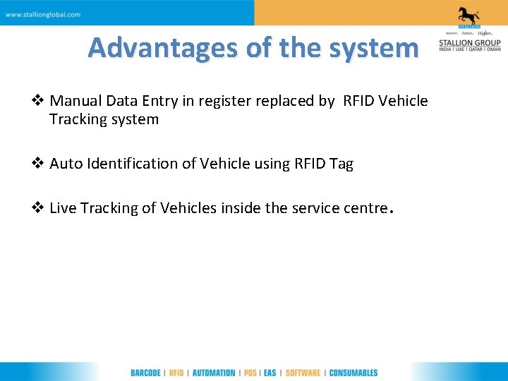 Advantages of the system v Manual Data Entry in register replaced by RFID Vehicle