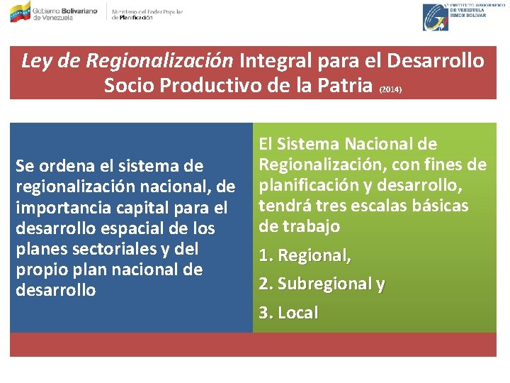 Ley de Regionalización Integral para el Desarrollo Socio Productivo de la Patria (2014) Se