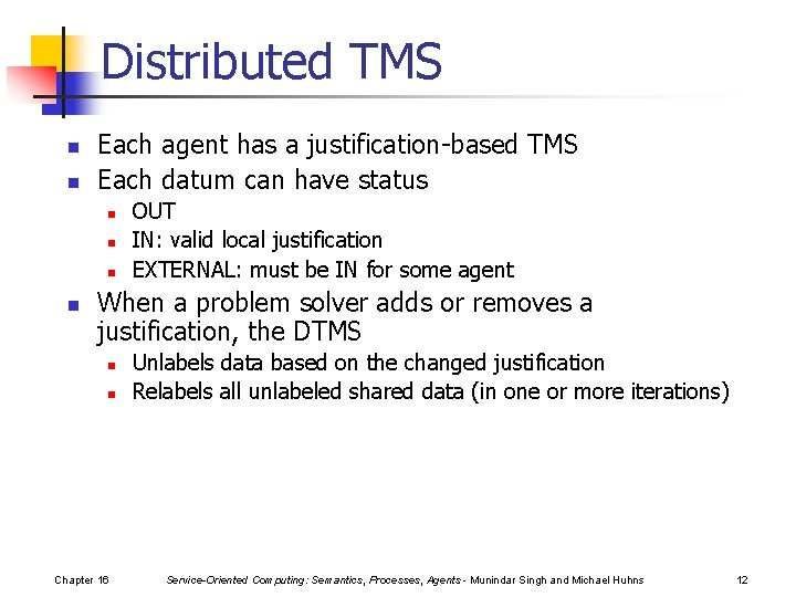 Distributed TMS n n Each agent has a justification-based TMS Each datum can have