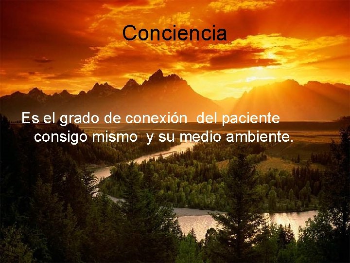 Conciencia Es el grado de conexión del paciente consigo mismo y su medio ambiente. Conciencia Es el grado de conexión del paciente consigo mismo y su medio ambiente.