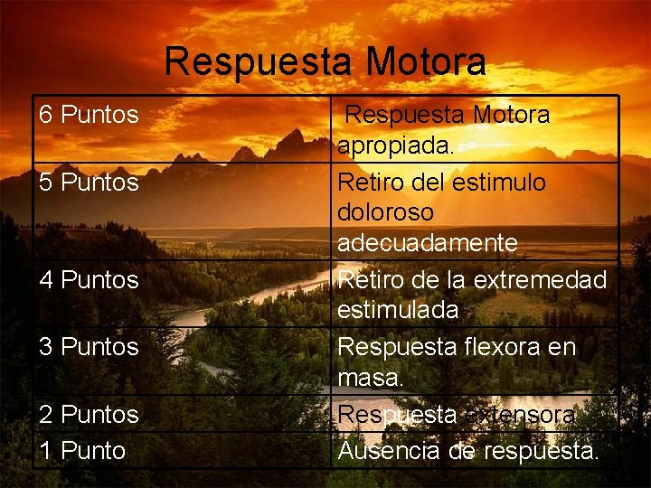 Respuesta Motora 6 Puntos 5 Puntos 4 Puntos 3 Puntos 2 Puntos 1 Punto Respuesta Motora 6 Puntos 5 Puntos 4 Puntos 3 Puntos 2 Puntos 1 Punto
