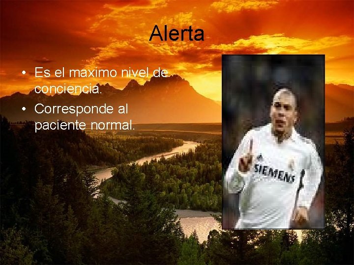 Alerta • Es el maximo nivel de conciencia. • Corresponde al paciente normal. Alerta • Es el maximo nivel de conciencia. • Corresponde al paciente normal.