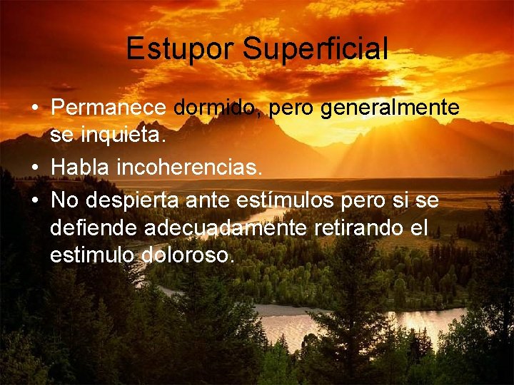 Estupor Superficial • Permanece dormido, pero generalmente se inquieta. • Habla incoherencias. • No Estupor Superficial • Permanece dormido, pero generalmente se inquieta. • Habla incoherencias. • No