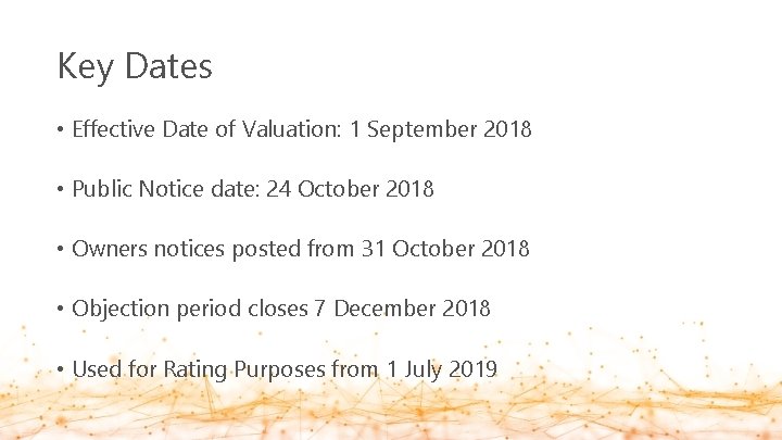 Key Dates • Effective Date of Valuation: 1 September 2018 • Public Notice date: