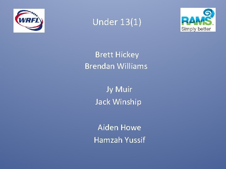 Under 13(1) Brett Hickey Brendan Williams Jy Muir Jack Winship Aiden Howe Hamzah Yussif