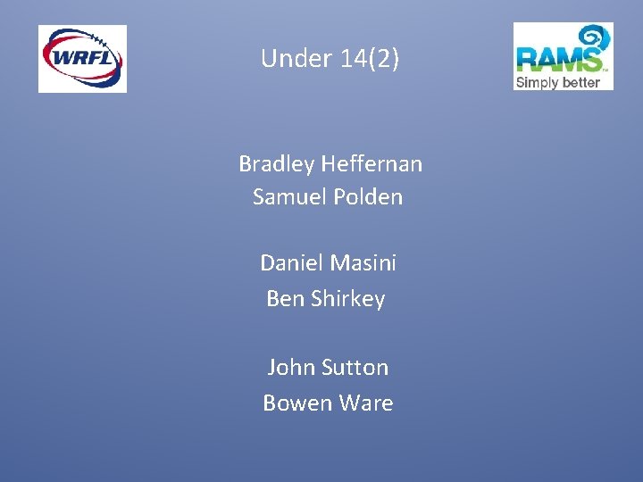 Under 14(2) Bradley Heffernan Samuel Polden Daniel Masini Ben Shirkey John Sutton Bowen Ware