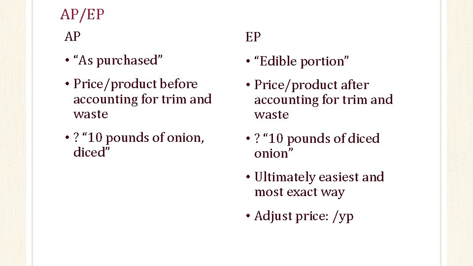 AP/EP AP EP • “As purchased” • “Edible portion” • Price/product before accounting for