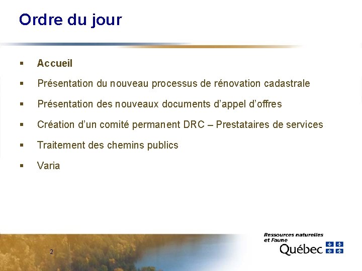 Ordre du jour § Accueil § Présentation du nouveau processus de rénovation cadastrale §