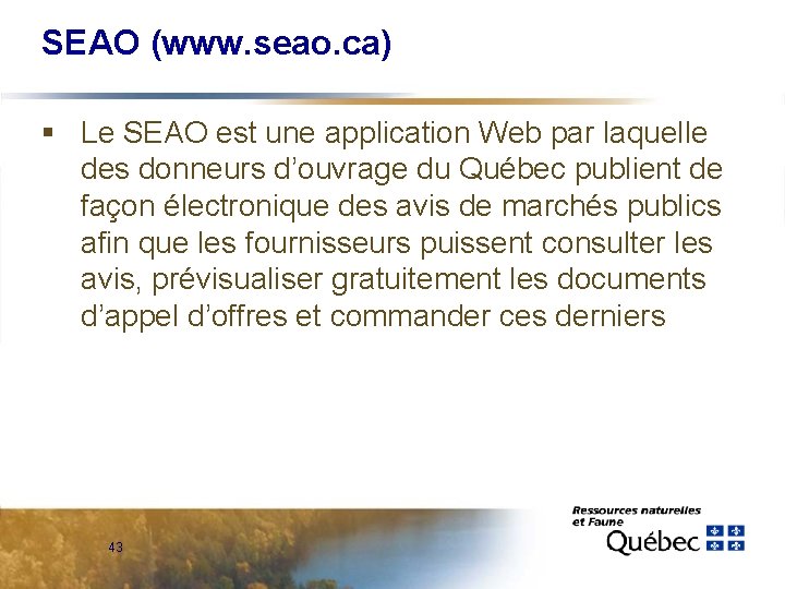 SEAO (www. seao. ca) § Le SEAO est une application Web par laquelle des
