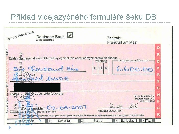 Příklad vícejazyčného formuláře šeku DB 